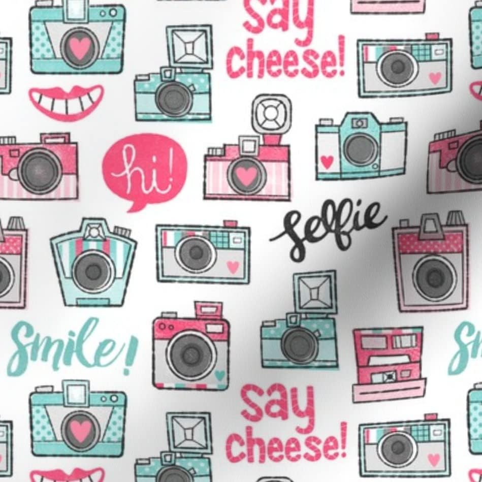 Miniatura 6 de Spoonflower Tela - Cámara de fotografía retro con diseño de tipografía de sonrisa, impresión de amor en tela de mezclilla, cuarto de gorro, ropa de
