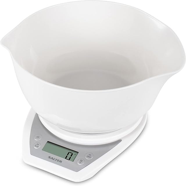 Salter 1024 WHDR14EU16 Dual Pour Electronic Scale with Mixing Bowl, Wide/Narrow Spouts, 2 Litre Bowl, Measures Liquids/Fluids, Add & Weigh, Easy Read LCD Display, 5 Kg Max Capacity, White