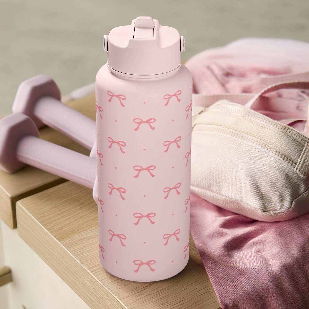 SANDJEST Rosa Schleife Wasserflasche Edelstahl isoliert Vakuum 1 l (32 oz) mit Deckel, Geschenke für Frauen Mädchen Teenager Geburtstag Weihnachten