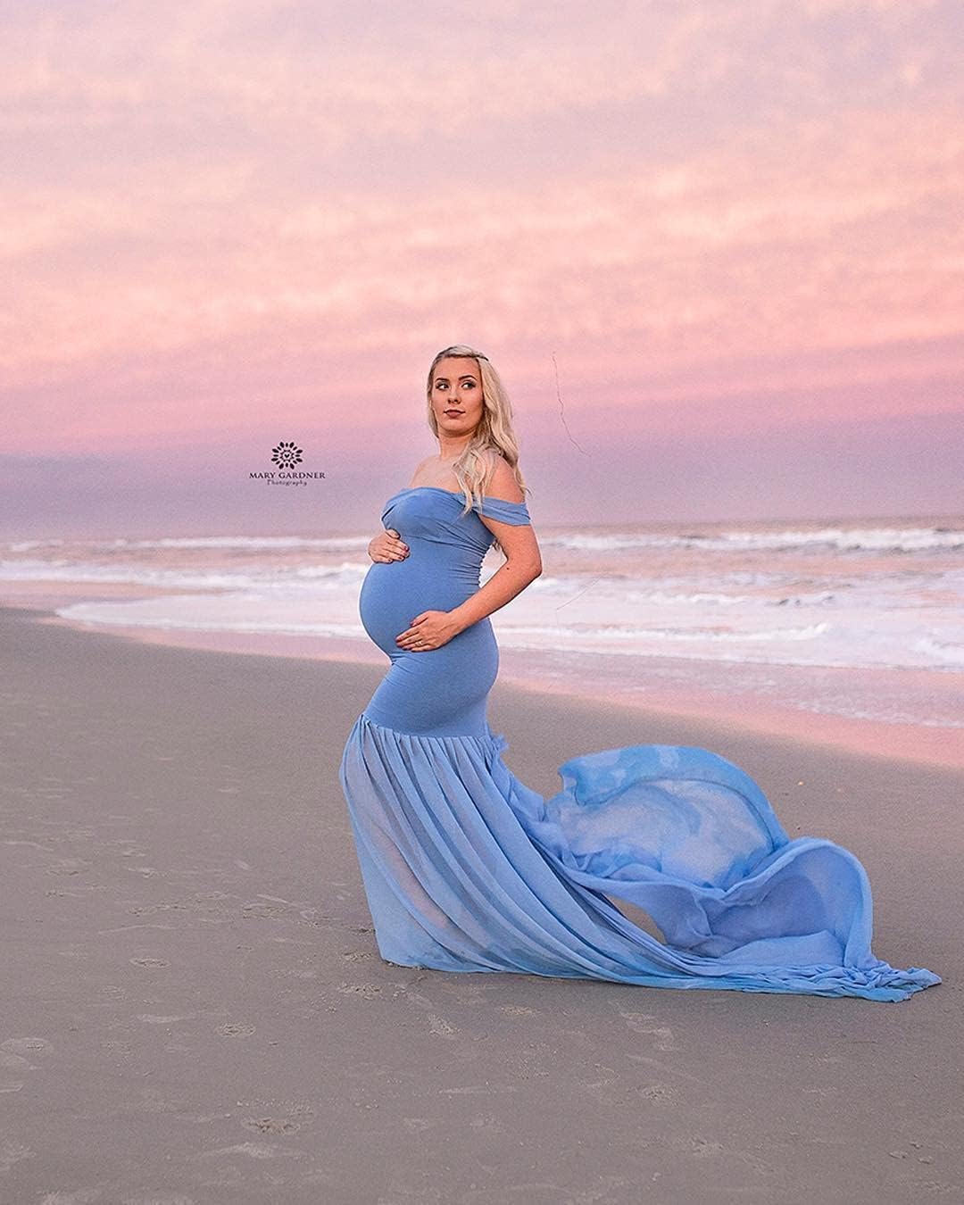 ZIUMUDY Maternity Chiffon Mermaid Gown Off Shoulder Dropped Sleeve Fitted Photo Shoot Photography Dress - Image 3