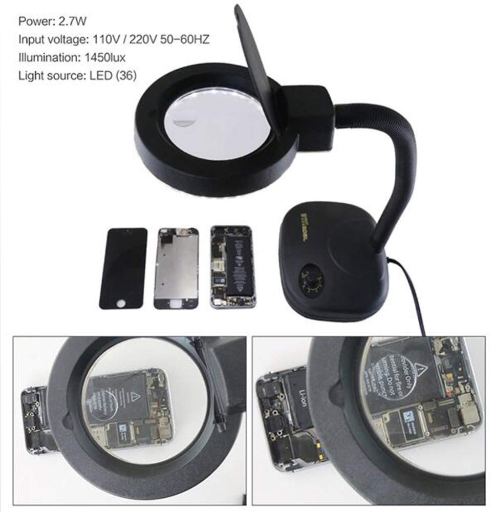 Możliwość przyciemniania lampy powiększającej 5X 10X - Lupa Lampa biurkowa Lampka do czytania LED, Soczewka szkła powiększającego ze światłem, Lampa zadaniowa do czytania, rękodzieła, hobby, naprawy,