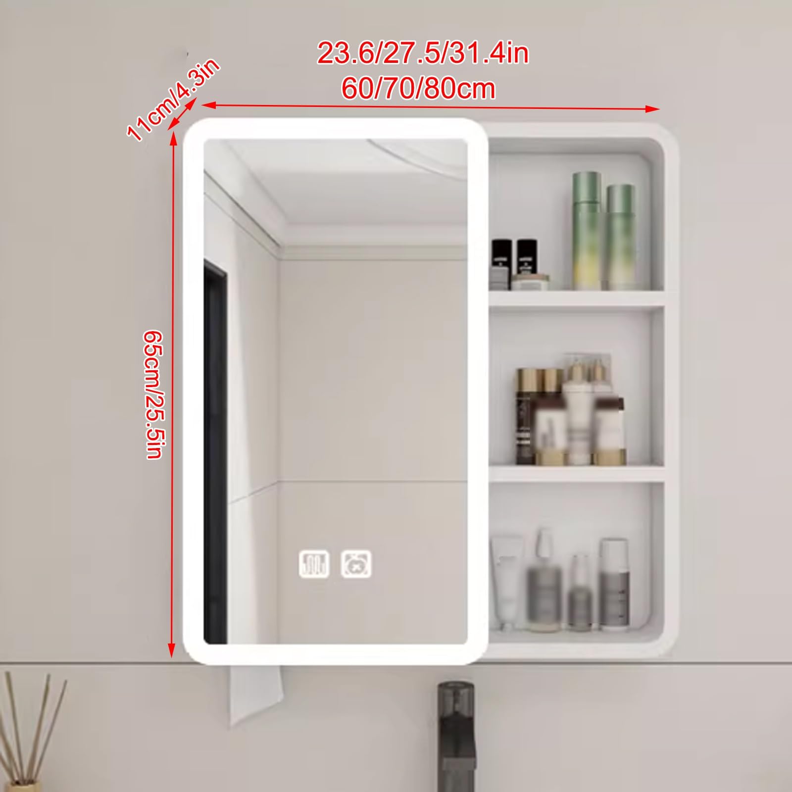 Armario de pared con espejo de baño con iluminación LED e interruptor táctil antivaho, acabado café, 70 cm, elegante solución de almacenamiento para baños modernos