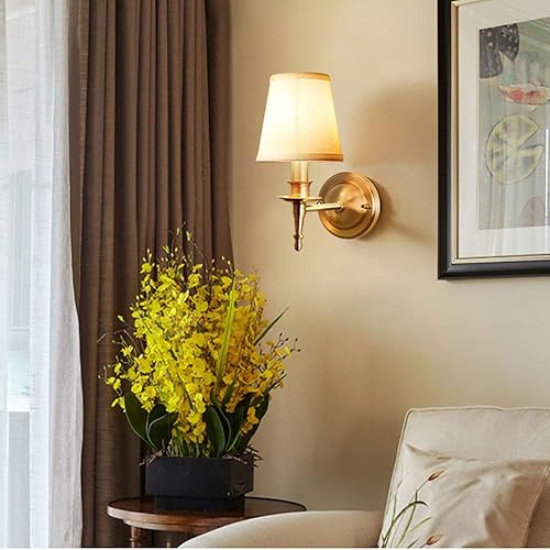 Miniatura 2 de ZZZYZ Modern Brass 2 Light Wall Sconce with Flared White Textile Shade Wall Light Vintage Brass Tapered Column Stand Wall Lamp for Bedroom Lighting