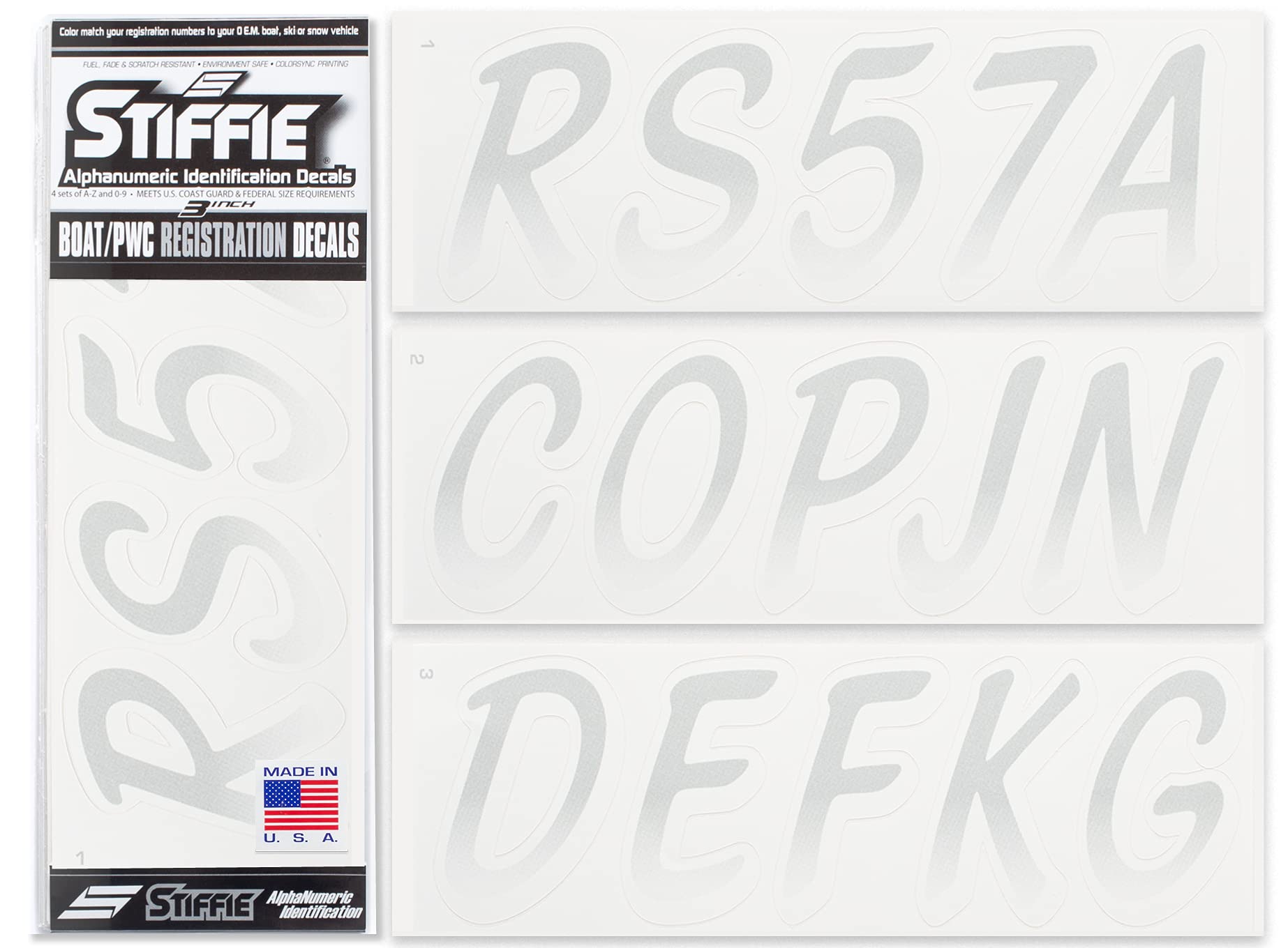 STIFFIE Whipline Silver/White 3" Boat &amp; PWC Registration Decals • Numbers Letters Stickers