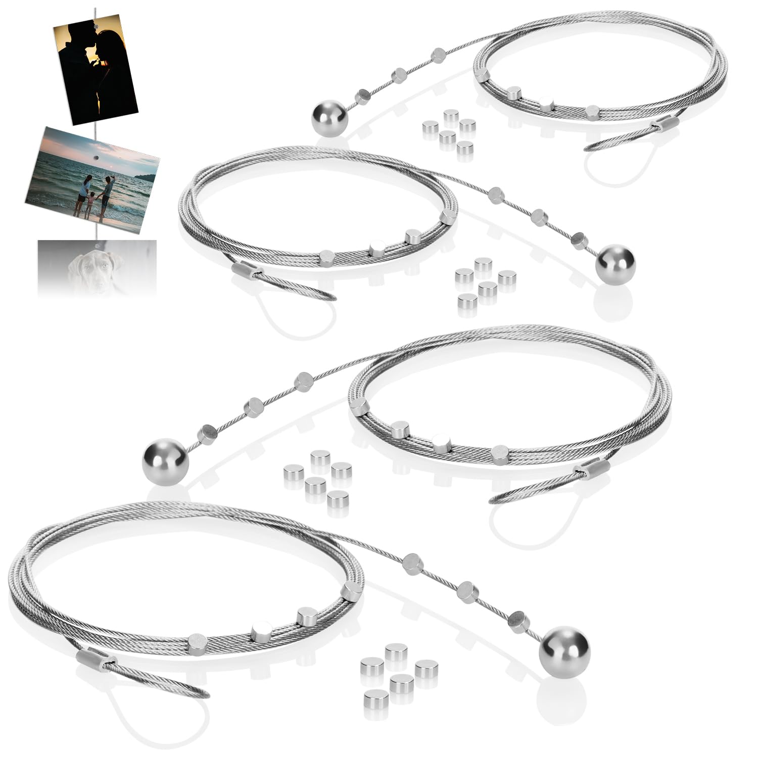 com-four® set de 4 cables para fotos con 48 imanes, cuerda metálica de 2 metros para colgar fotos, postales y notas decorativas