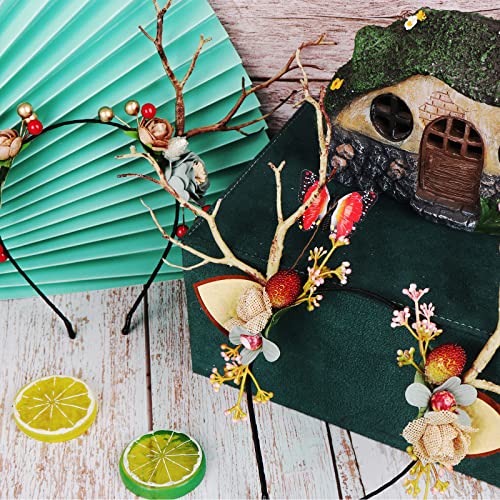 2 Pcs Deer Antler Flower Crown Headbands Tree Branches Butterfly Headband Antlers Headband Cosplay Headdress Hair Accessories For Halloween Chritmas Wedding Party Woodland Fairy Costume #TOP5