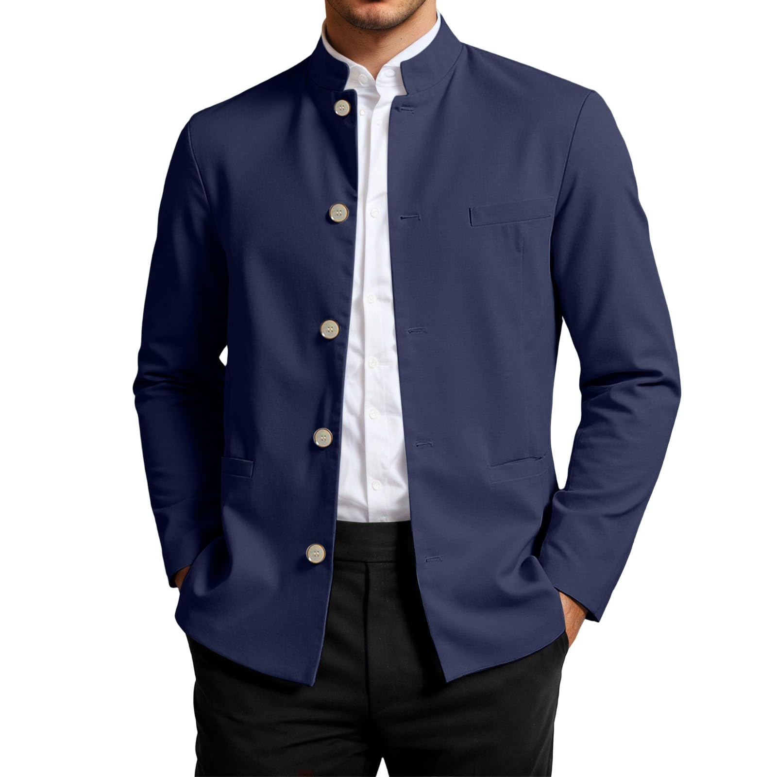 Generisch Sakko Business Casual Stehkragen Jacke mit Knöpfen Traditionelle Zhongshan (Navy, L)