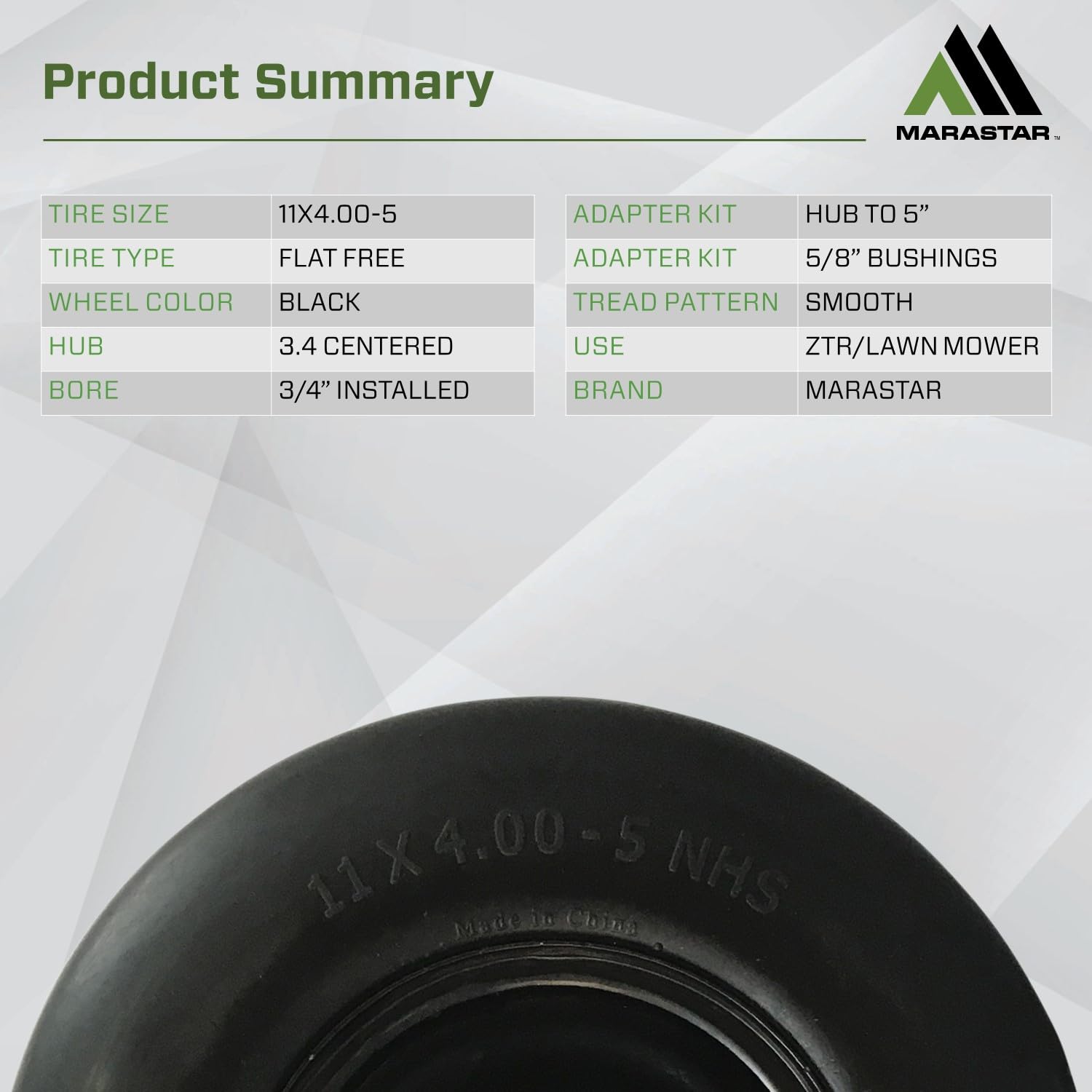 MARASTAR 00232-2PK Universal Fit Flat-Free 11x4.00-5 Tire and Wheel Assembly, Zero Turn Lawn Mower Replacement Tires, Smooth Tread, Adapter Kit included, 2 pack — Amazon image 6