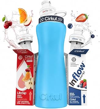 Cirkul 42oz. Blue Stainless Steel Water Bottle Starter Kit with Black Lid and 2 Flavor Cartridges No Sugar, Zero Calorie Drink Mix