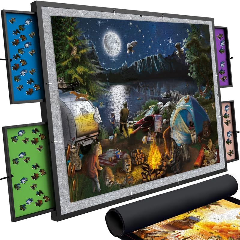 QUOKKA Puzzle Board with Drawers - Spinning Jigsaw Puzzle Table with Cover for Adults - | 4 Magnetized Storage Drawers | Premium Felt | Fits Puzzles Up to 1500 Pieces