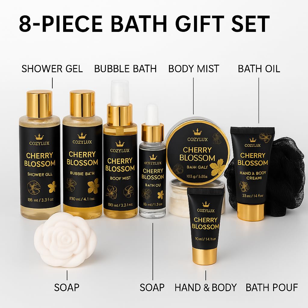 Cozylux Cherry Bossom Spa Gift, Gift Set for Women 8 Piece Shower Gift, Bubble Bath ,Shower Gel, Soap, Hand&Body Cream & Mist - Image 2