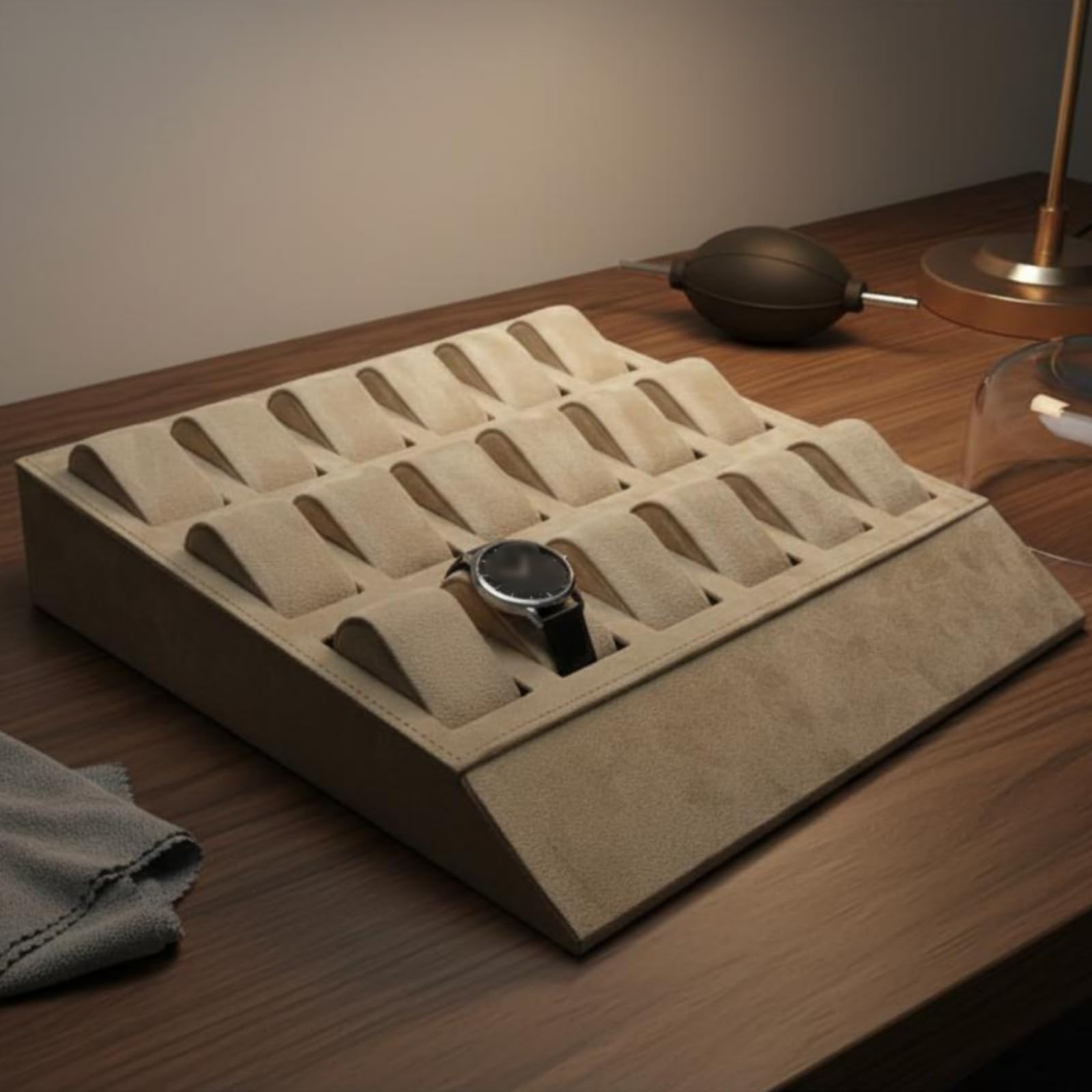 Colcolo Caja Expositora de Relojes Bandeja Organizadora Exhibidor Soporte con 18 Compartimentos Terciopelo con Cojines para Orden Diseño Inclinado de Lectura, Gris