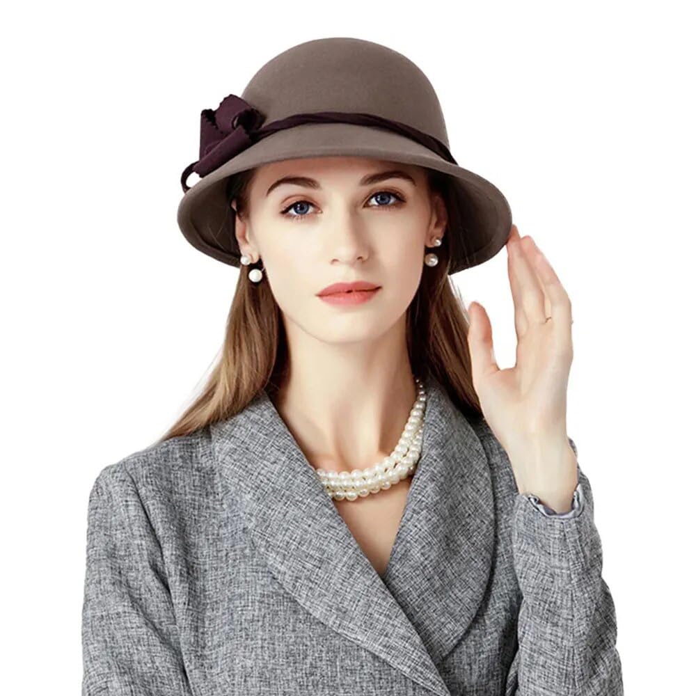 Cappelli a Bombetta a Tesa Larga in Feltro di Lana Grigio Scuro per Donna, Cappelli da cappellaio Nero, Cappelli a Cloche da Donna, Autunno Inverno (Grigio Scuro, 53-57 cm, M)