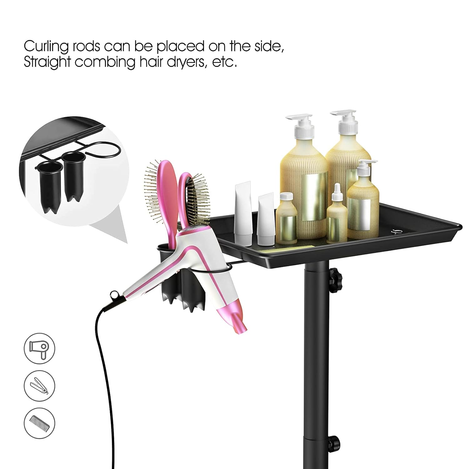 Klvied Salon Tray with 2 Cups and 1 Metal Loop, Rolling Utility Cart on Wheels, Adjustable Height Tattoo Tray, Multi-Purpose Rolling Tray, Black Rolling Tray, Premium Aluminum Instrument, Black : Beauty & Personal Care