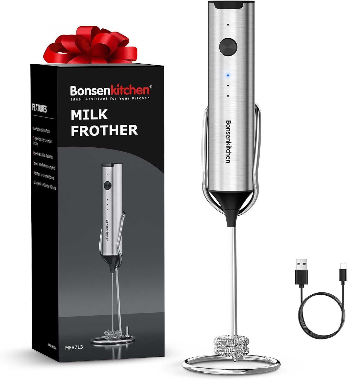 Bonsenkitchen Electric Milk Frother, USB Rechargeable Milk Frother, Portable Stainless Steel Milk Frother for Coffee, Latte, Cappuccino, Hot Chocolate, Matcha
