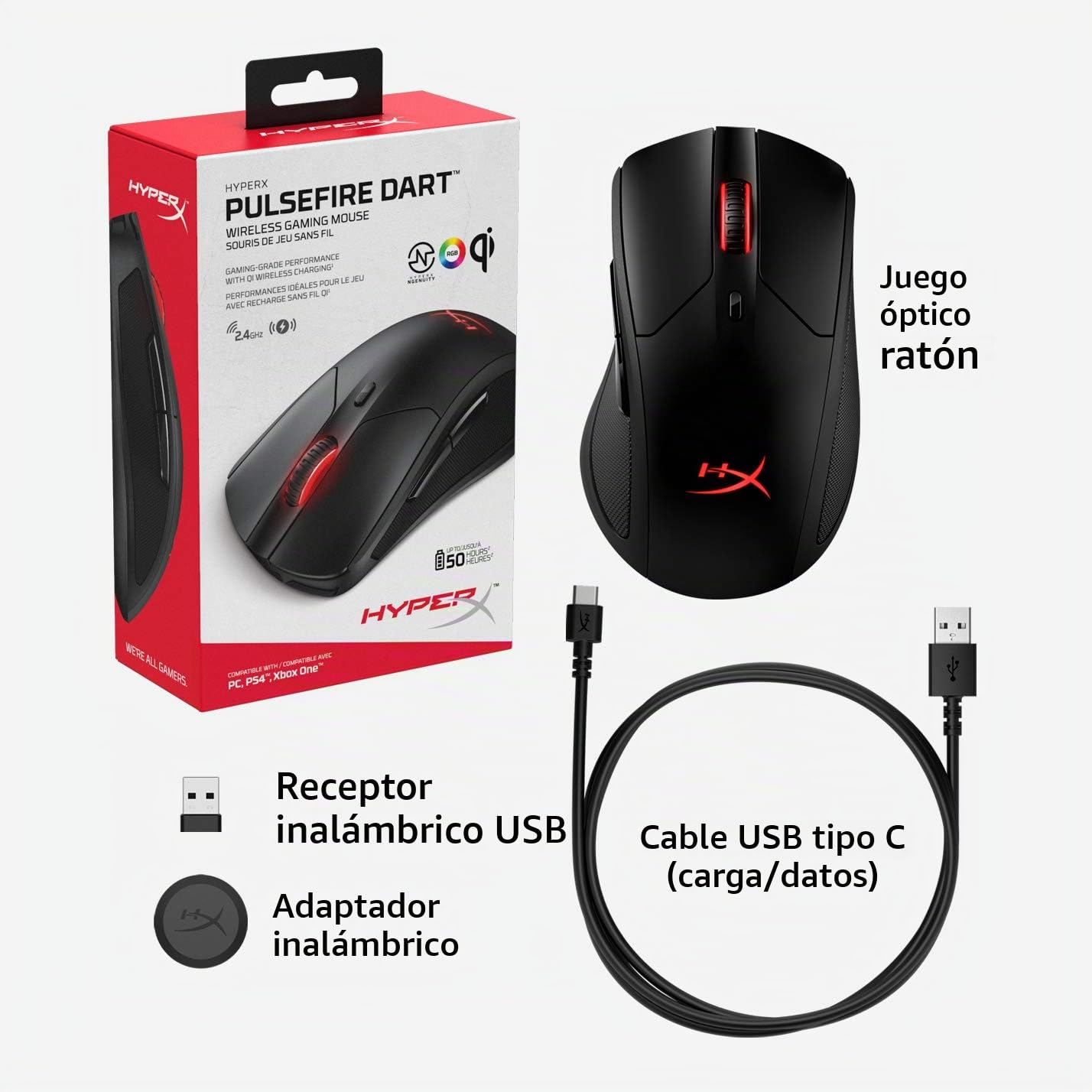 HyperX Pulsefire Dart – Ratón para Gaming Inalámbrico RGB, Compatible con el Ngenuity Sofware para personalizarlo, Cargador–Qi, Batería de hasta 50 horas – Compatible con PC, PS4, Xbox One