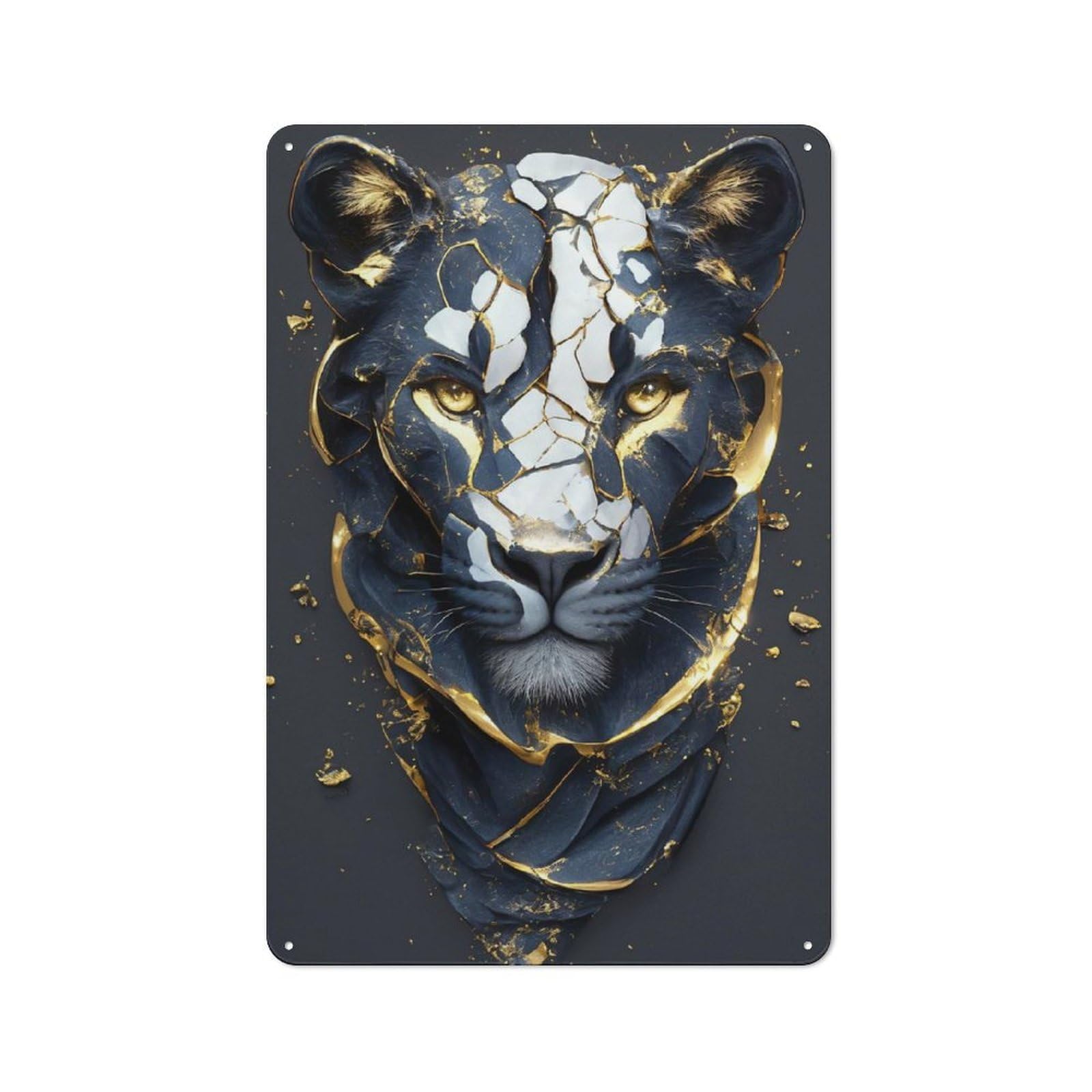 Junmoney Style-17 Abstract Panther Portrait With Gold Accents Workshop Style Metal Wall Decor 30X20cm, Decorative Metal Plaque For Garage, Workshop, Shed Or Utility Room