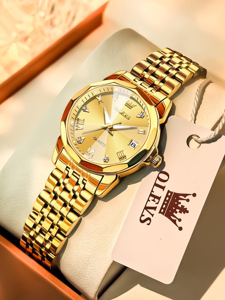 OLEVS Reloj de pulsera para mujer de plata elegante con diamantes pequeños de acero inoxidable de dos tonos con fecha y día de cuarzo analógico para mujer, Tono-dorado, Reloj de pulsera de joyería
