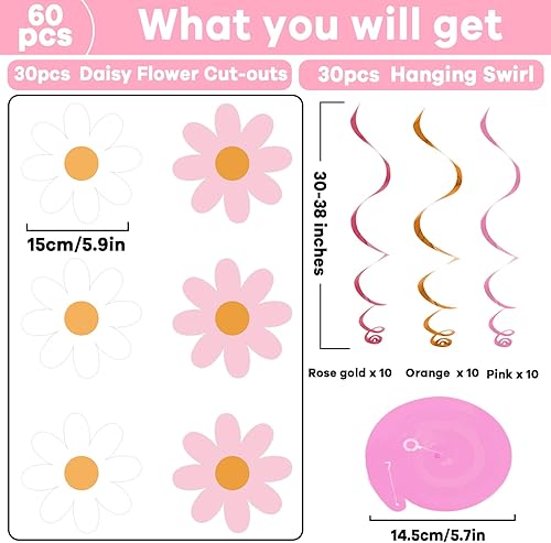 Miniatura 2 de 60 piezas de flores de margarita rosadas, espirales de papel de aluminio de margarita rosa, decoración de recortes de flores, suministros de fiesta