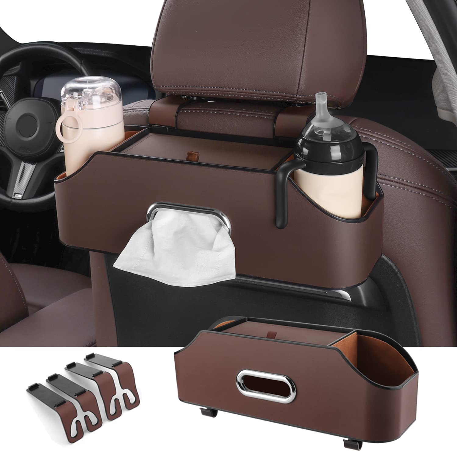 HOLDCY Car Back Seat Organizer with 2 Drink Cup Holder - Tissue Box and Storage Box Hook - Multi-Functional Storage - Great for Kids and Travel (Brown)