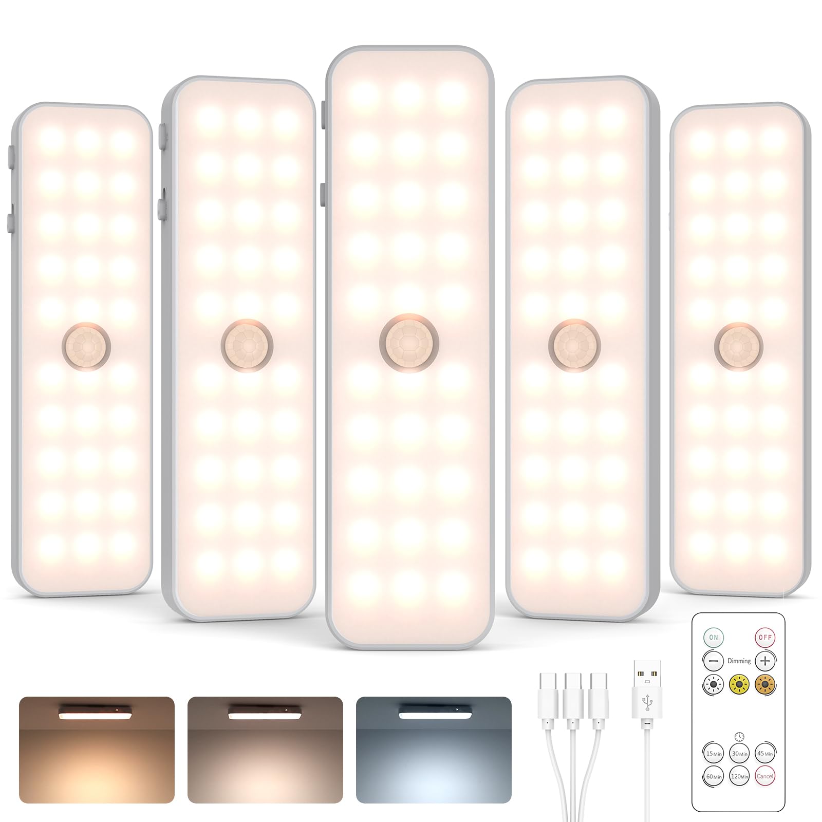 GOODEA 5 Stück Kabellose Bewegungsmelder Licht LED Schrankbeleuchtung - 3 Reihen 15cm 60-LED 1500mAh Schranklicht mit Fernbedienung Timer 3 Farbten Dimmbar - Küche Unterchrank Treppe Flur Beleuchtung