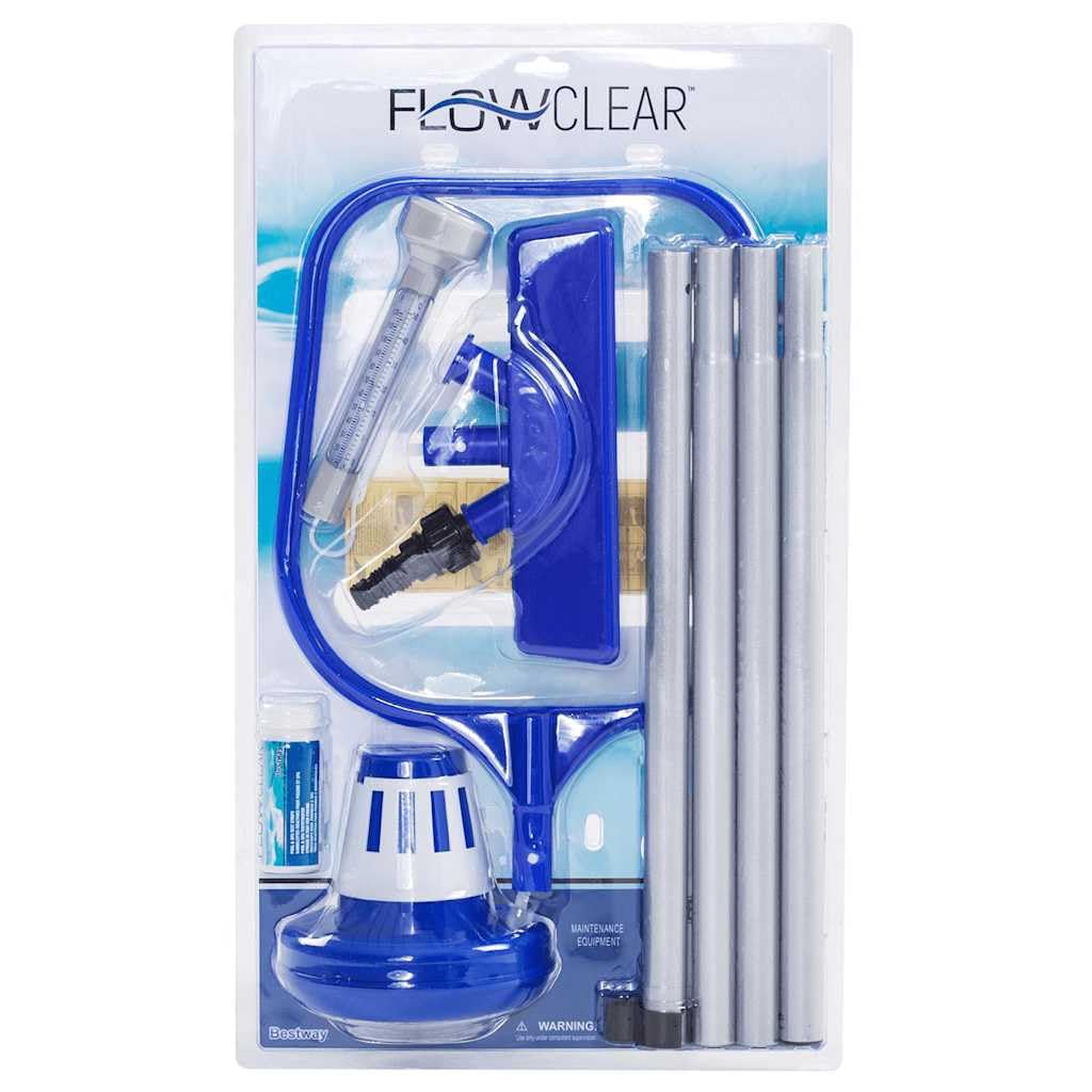 Kit Entretien Piscine Hors Sol Bestway Flowclear, aspirateur avec Manche Aluminium 4 Sections, Skimmer, diffuseur Chlore, thermomètre, bandelettes testeur