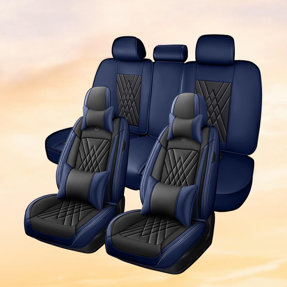 Car Seat Covers Compatible with Toyota Corolla 2002-2024, 360°Full Wrapped, Airbag Compatible Storage Pocket Zipper Design Wear Resistant Easy to Clean(Black Blue, Full Set with Pillow)