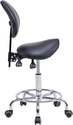 Miniatura 7 de Taburete ergonómico con respaldo y reposapiés, silla giratoria hidráulica rodante para uso dental, salón, tatuaje y spa, color negro