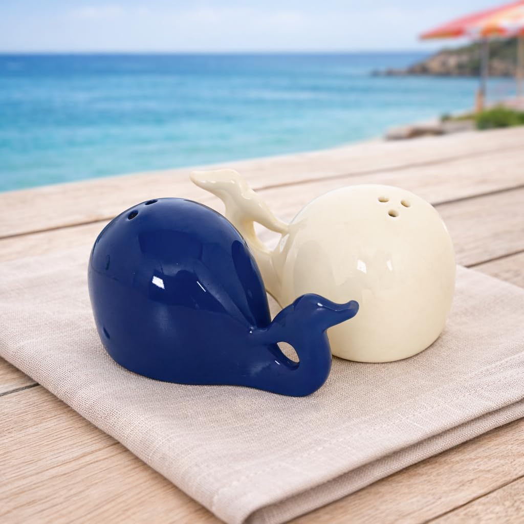 Duo di sale e pepe balene in ceramica, design marino, blu e beige, 4,5 x 8 cm