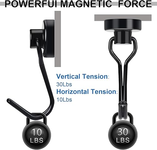 Miniatura 10 de E BAVITE Ganchos magnéticos giratorios negros, ganchos magnéticos de neodimio fuertes de 30 libras con revestimiento epoxi negro para refrigerador,