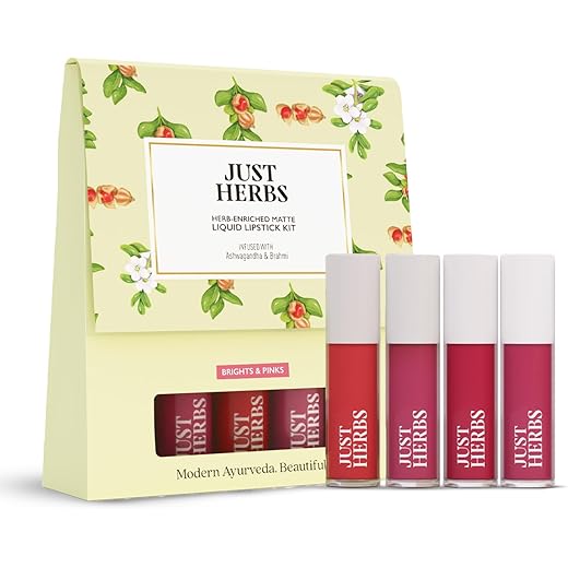 Just Herbs Herb Enriched Matte Liquid Lipstick | Set of 4 | Ayurvedic Lipstick for Women | Hydrating & Lightweight | Long Lasting (Brights & Pinks)