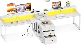 Coleshome 94" Computer Desk with Fabric Drawers & File Cabinet- 2 Person Home Office Desks with Power Outlet & LED Light, Long Writing Desk with Monitor Stand, Storage Shelves, Study/Work Table, White