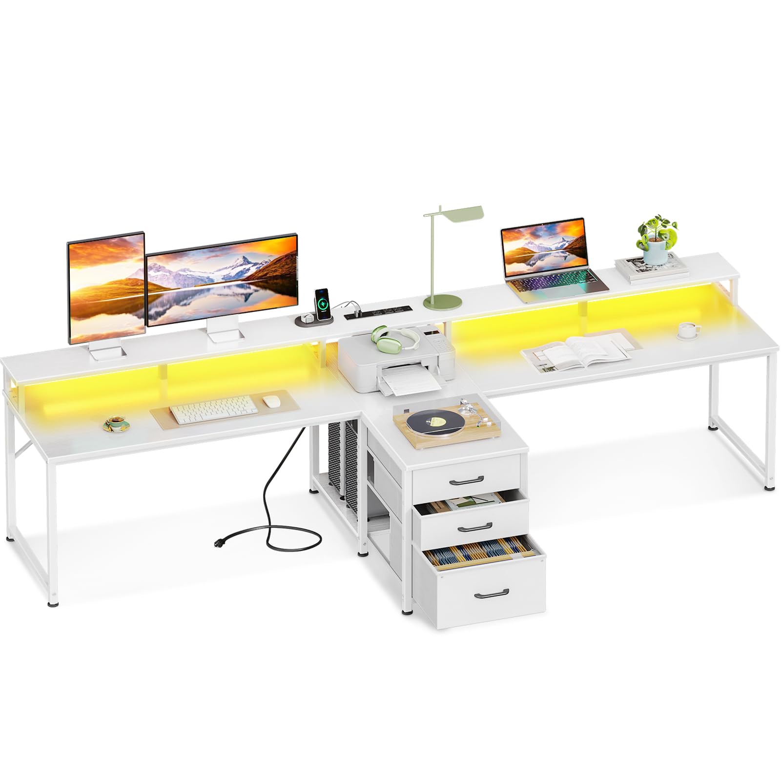 Coleshome 94" Computer Desk with Fabric Drawers & File Cabinet- 2 Person Home Office Desks with Power Outlet & LED Light, Long Writing Desk with Monitor Stand, Storage Shelves, Study/Work Table, White