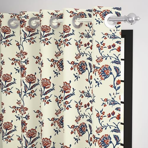 Image of Story@Home Cotton Curtain | Curtains 8 Feet Long Set of 2 | Floral Printed | Bohemian Curtain | Room Darkening | Semi Long Door Curtains for Living Room | (116 X 242 Cm, White & Navy Blue /Brick Red)