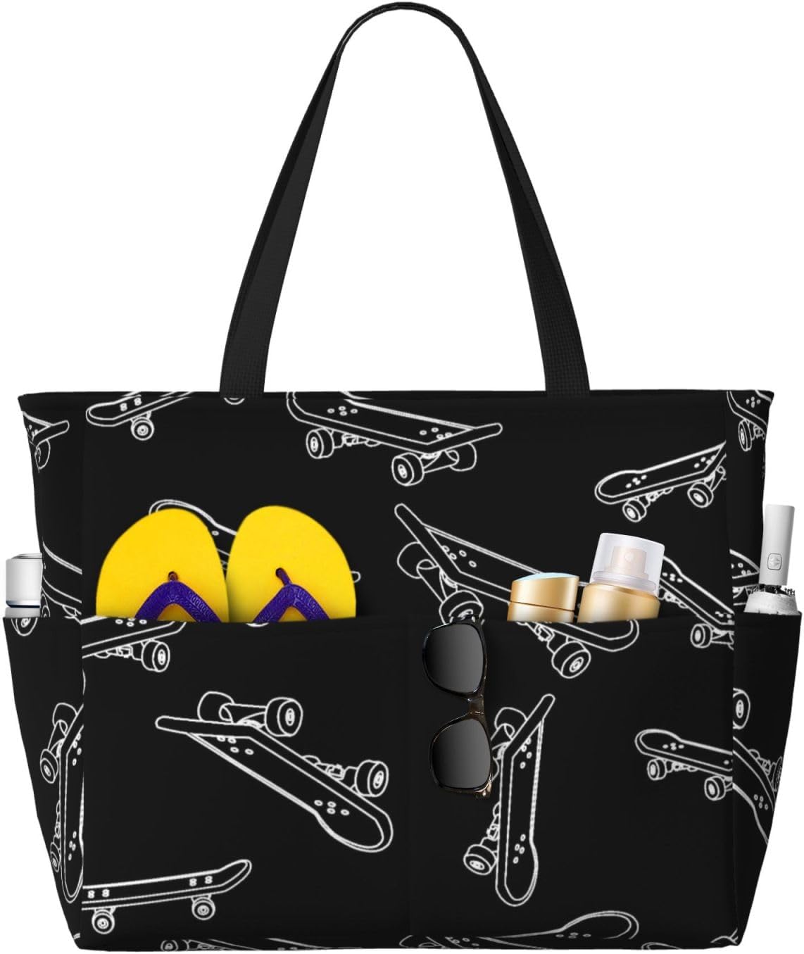 Skateboard Large Beach Tote Bag For Women With Zipper & Wet Pocket, Lightweight Foldable Gym Tote For Travel, Grocery, Swim, Sports - Image 1 of 5