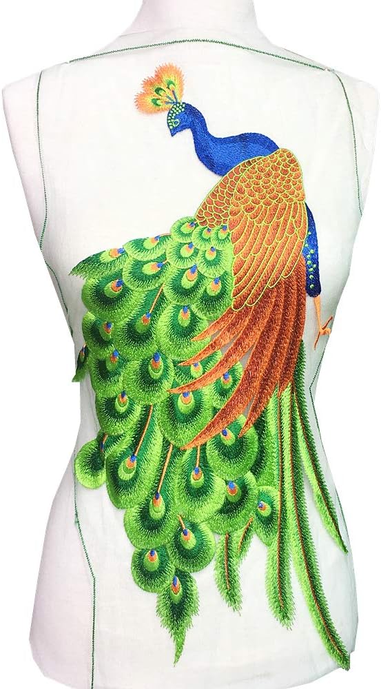 Sew On Peacock Embroidery Patch Lace Large Embroidered Applique Bird Patches for Clothing Parches Bordados Dress, Chi-pao DIY (Green)