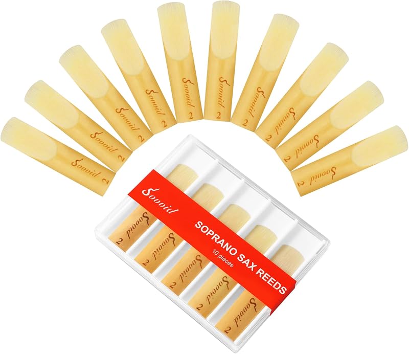 10 Pack Bb Soprano Saxophone Reeds with Plastic Box, Strength 2.0 Soprano Sax Reeds, Laser Engraved Marking & Thinner Reed Tip for Easy of Play, Traditional Reeds for Soprano Sax