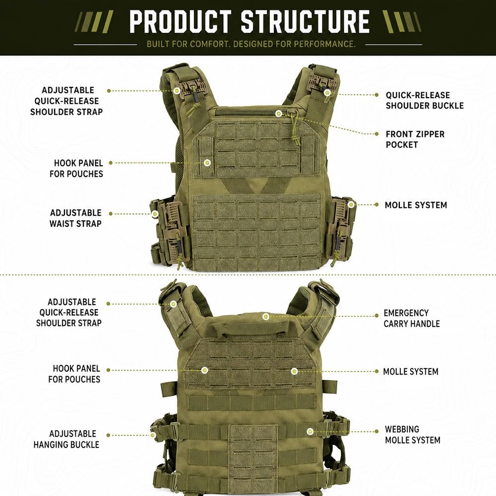Taktische Weste Verstellbar Mit Schnellverschluss, MOLLE Weste Aus Polyester, Leichte Utility Weste Mit Modularsystem Für Outdoor, Wandern, Camping Und Freizeitaktivitäten