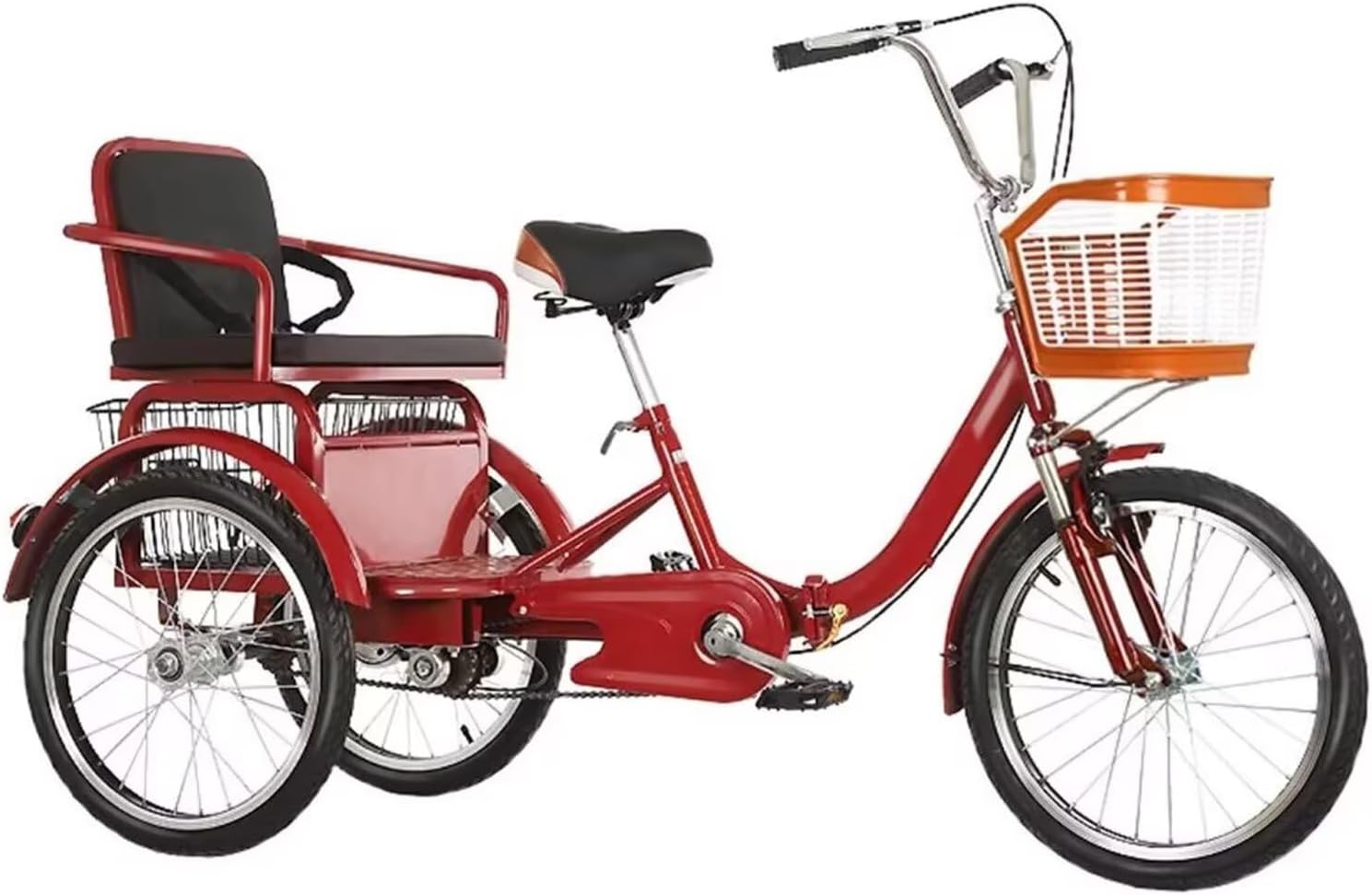 Rickshaw tricycles with Foot Pedals,Folding Cruiser Trike for Adult and Senior,Manned trikes with Back seat,3 Wheels Bicycle with Hydraulic Front Fork,Front and Rear Brakes, red