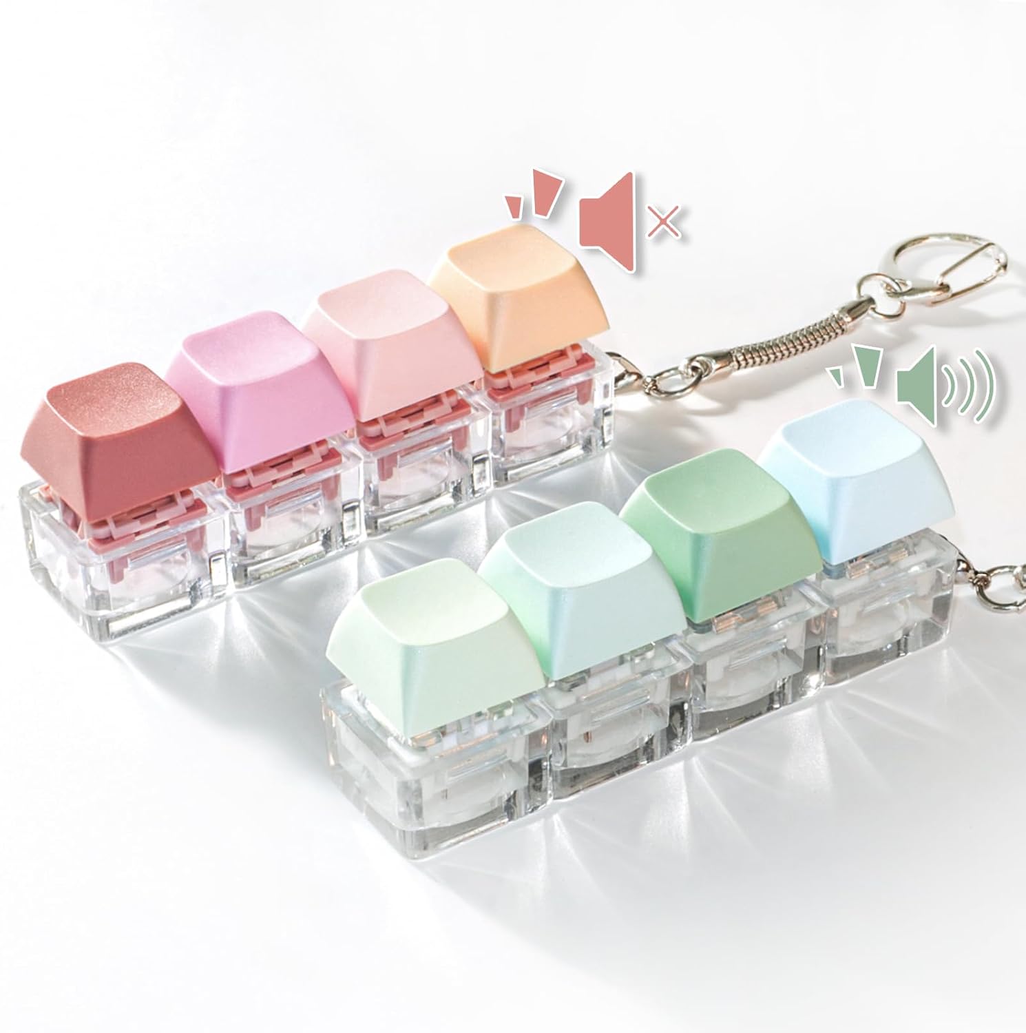 Quiet & Loud Keyboard Fidget Toy for Stress Relief, Silent Clicky Keyboard Clicker Fidget for Office Desk Libirary, 2 PCS Creamy Keyboard Keychain for Bags Keys Desk (Pink & Green)