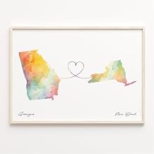 Georgia to New York watercolor map print poster for wall decor, travel themed art gift, ideal for movers, long-distance relationships, and overseas relocation