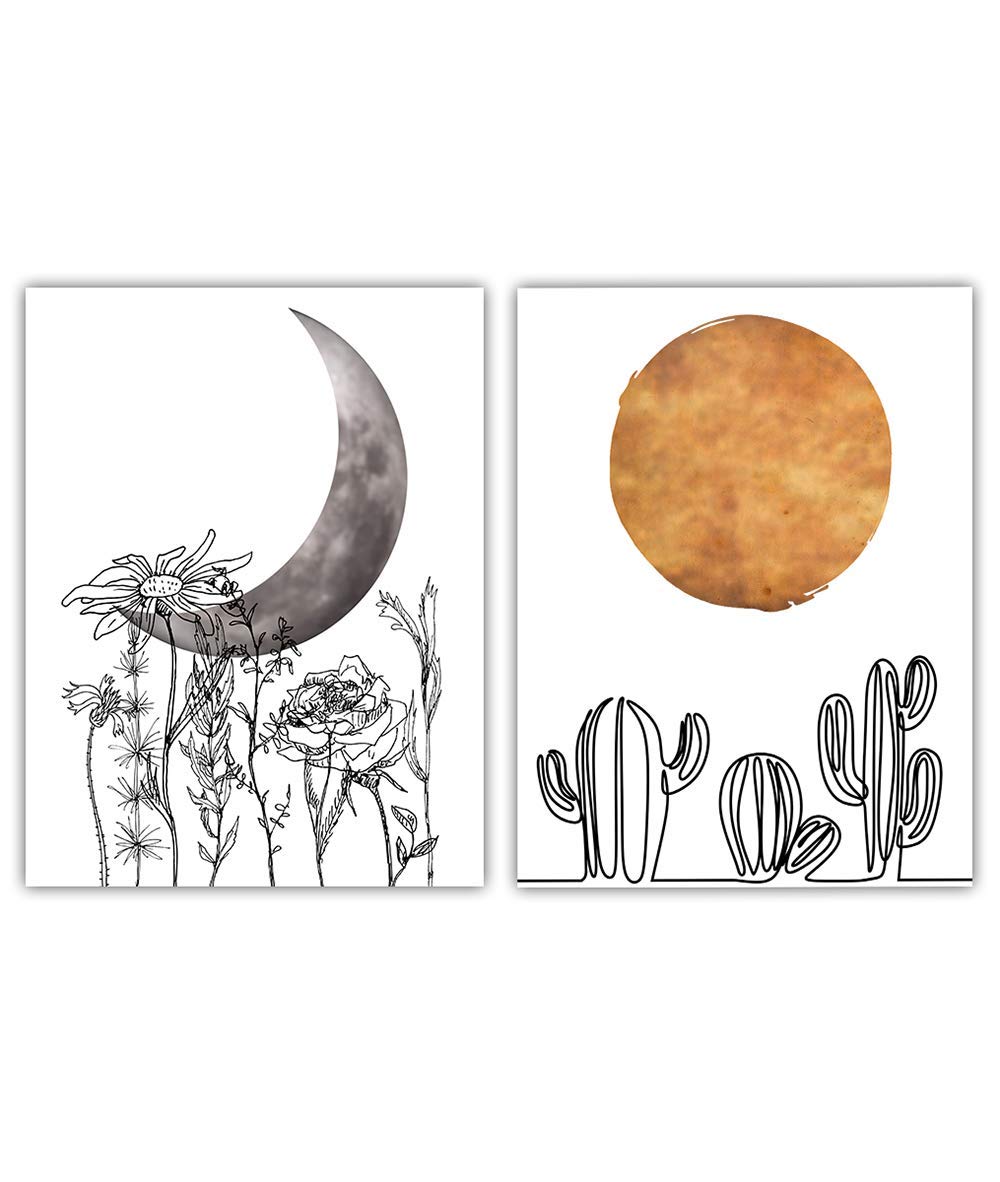 TJ Originals Sunny Cactus and Line Art Flowers under a Crescent Moon Abstract Desert Wall Art- Unframed 11 x 14 (Set of 2) Prints - Makes a Great Gift for Family & Friends