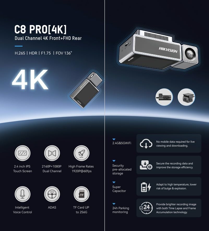 Image of HIKVISION C8Pro 4K Dual Channel Dash Camera for car | ADAS Alerts | 2.45 inch IPS Display | G-Sensor | Night Vision | Built in Wi-Fi | Voice Control | Supports Up to 256GB|Without Hardwire kit