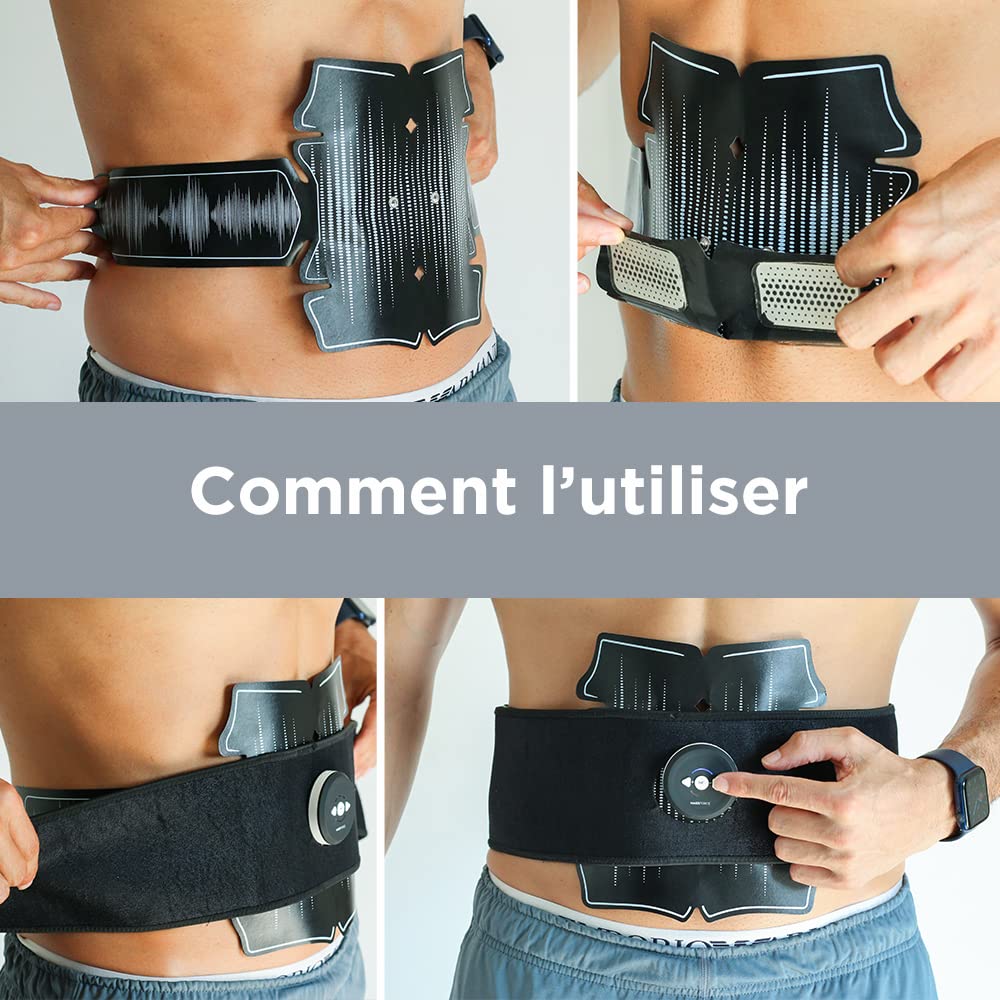 Massforce Massfit Intensity - Ceinture abdominale Electrostimulation EMS Musculation - 2 patchs bras - Ceinture sudation supplémentaire - Rechargement USB - 10 niveaux intensité - 14 patch gels