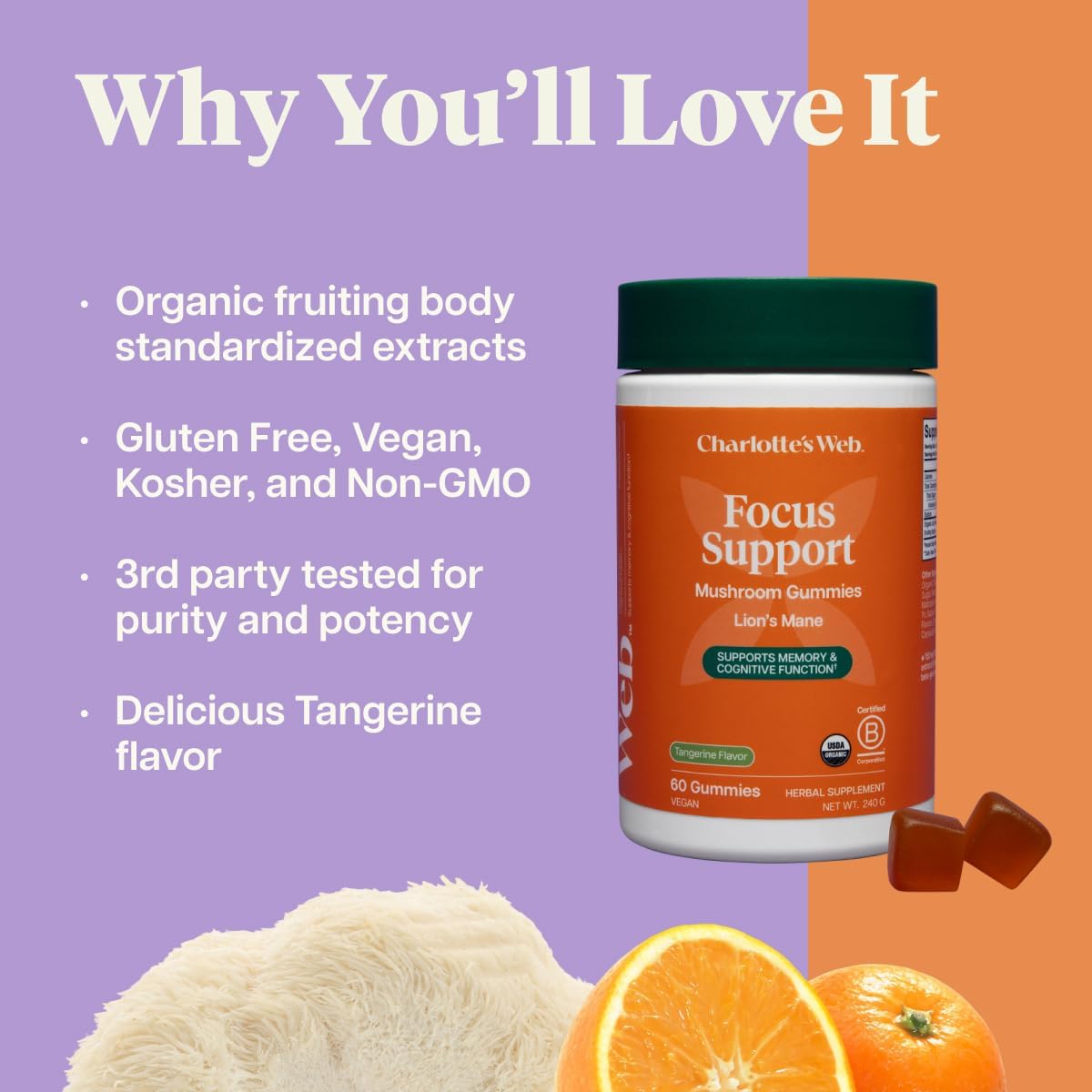Charlotte's Web Focus Support Mushroom Gummies for Focus and Energy w/Lion’s Mane, Natural Cognitive Support Lions Mane Gummies for Adults — Tangerine Flavor (30 Servings)