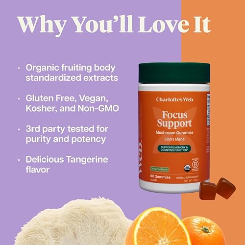 Miniatura 4 de Charlotte's Web Focus Support - Gomitas de hongos para concentración y energía con melena de león, apoyo cognitivo natural, gomitas de melena