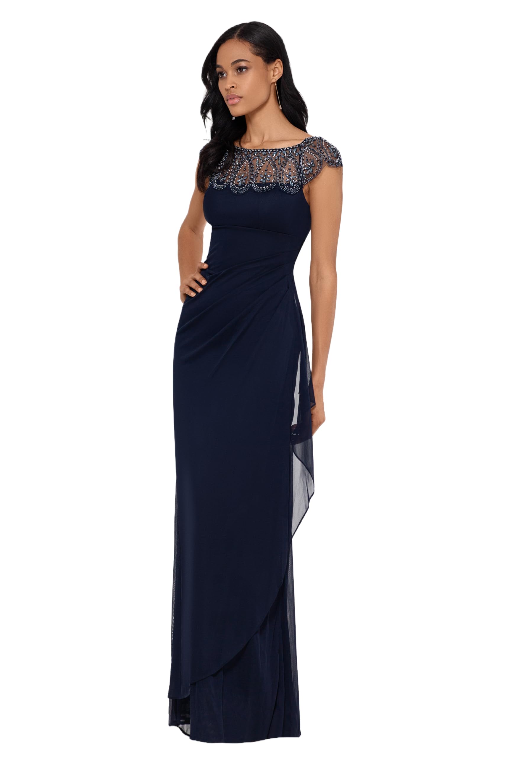 Xscape Women's Short Sleeve Beaded Illusion Neckline Ruched Gown, Navy, 8