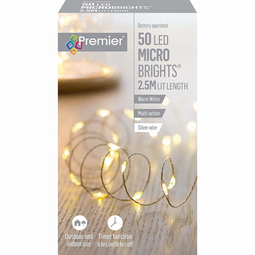 White 50 Led 2.5M Premier Microbrights Indoor Outdoor Christmas Multi Function Battery Operated Lights With Timer On Pin Wire In Warm