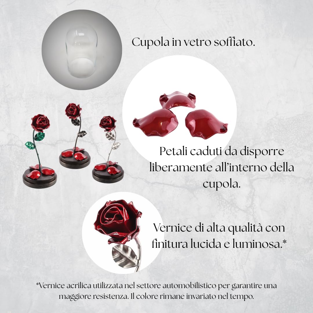 Forging Art Bcn® Rosa Eterna in Ferro Battuto La Bella e la Bestia - Regalo Festa della mamma, San Valentino, 6° anniversario di matrimonio, Nozze di Ferro (Rosso/Argento)