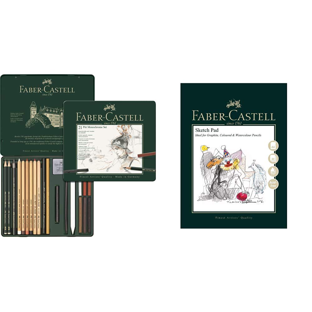 Faber-Castell 112976 Estuche de metal con 21 piezas, surtido de carbonos, grafitos, ecolápices y tizas + Bloc de dibujo A4